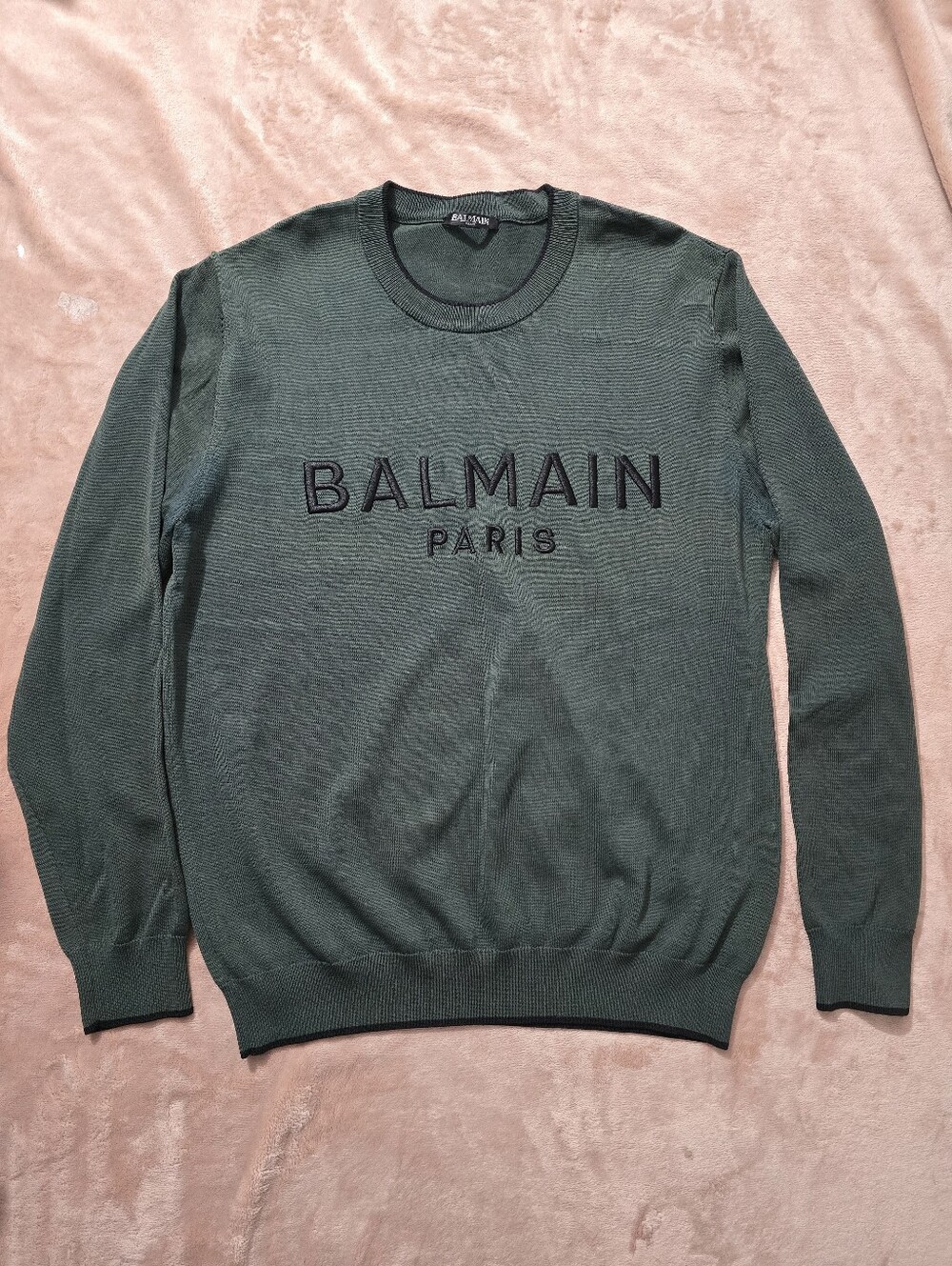Balmain Paris Men's Green Crewneck Sweater Embroidered Logo M/L